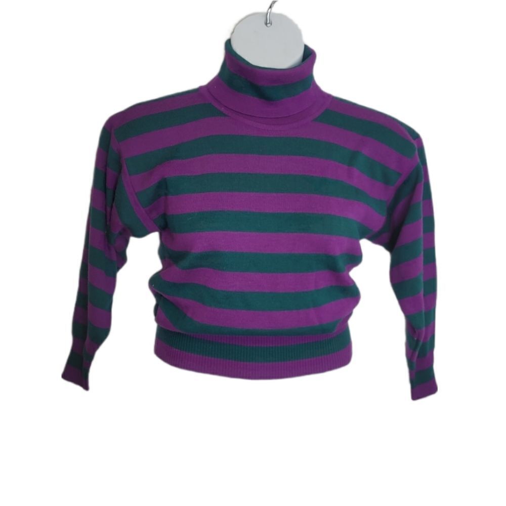 VINTAGE 90s sweater Obermeyer purple striped turtleneck wool blend XS‎